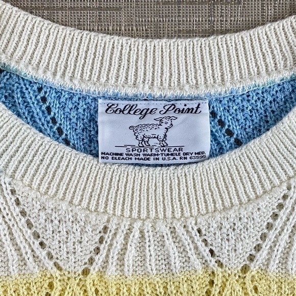 Vintage Lightweight Geometric Knit Striped Yellow Blue Shirt Sleeve Sweater Sz M - Picture 4 of 8